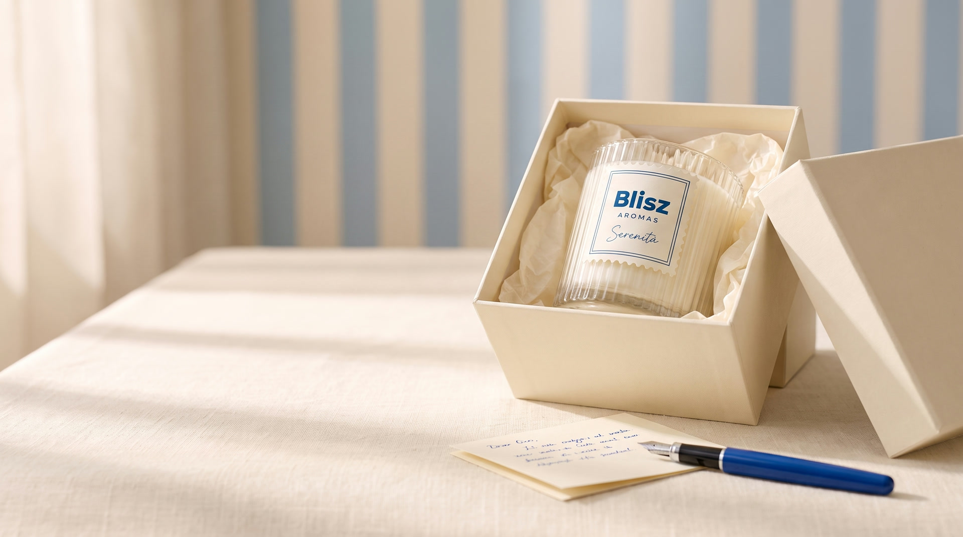 Caixa de presente aberta com uma vela Blisz no papel de seda, um bilhete escrito à mão e a fita azul ao lado.